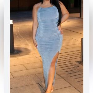 Almost Famous Plus Size 3X Light Blue Halter Maxi Dress, Side Ruched, Slit